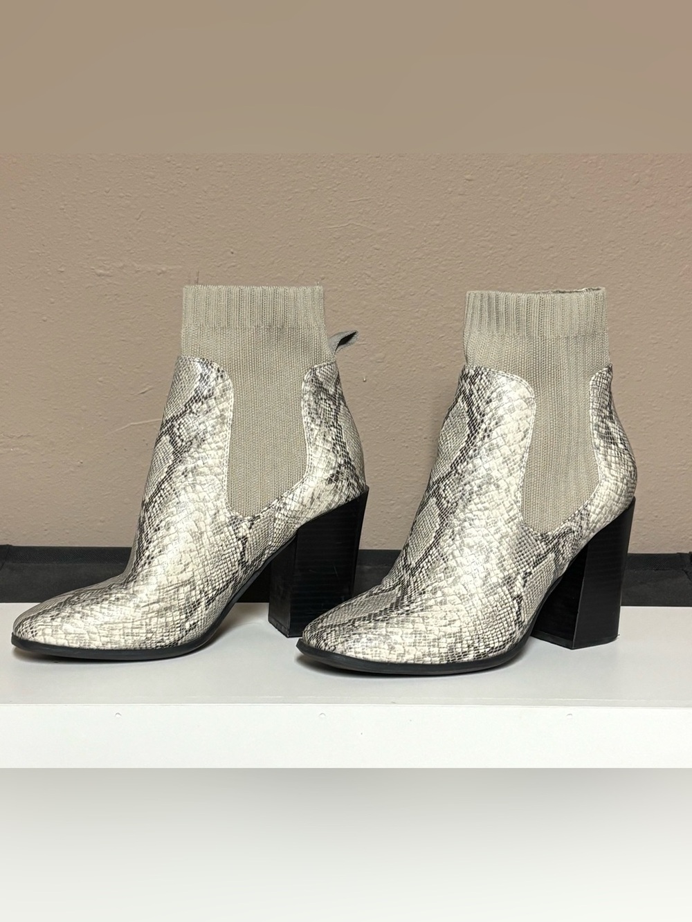 Neutral Snake-Print Sock Bootie - Women's Fashion Ankle Boots - Picture 3 of 7